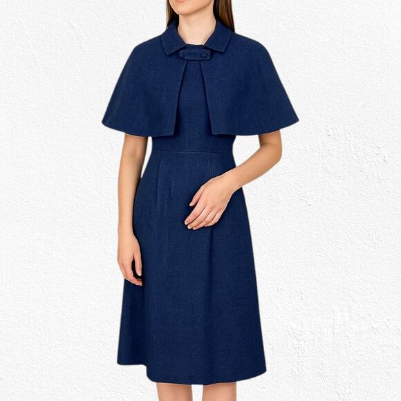 1950s Vintage Adele Simpson Navy Tweed Cape Dress – Union Made Size 6 USA - Picture 3 of 16